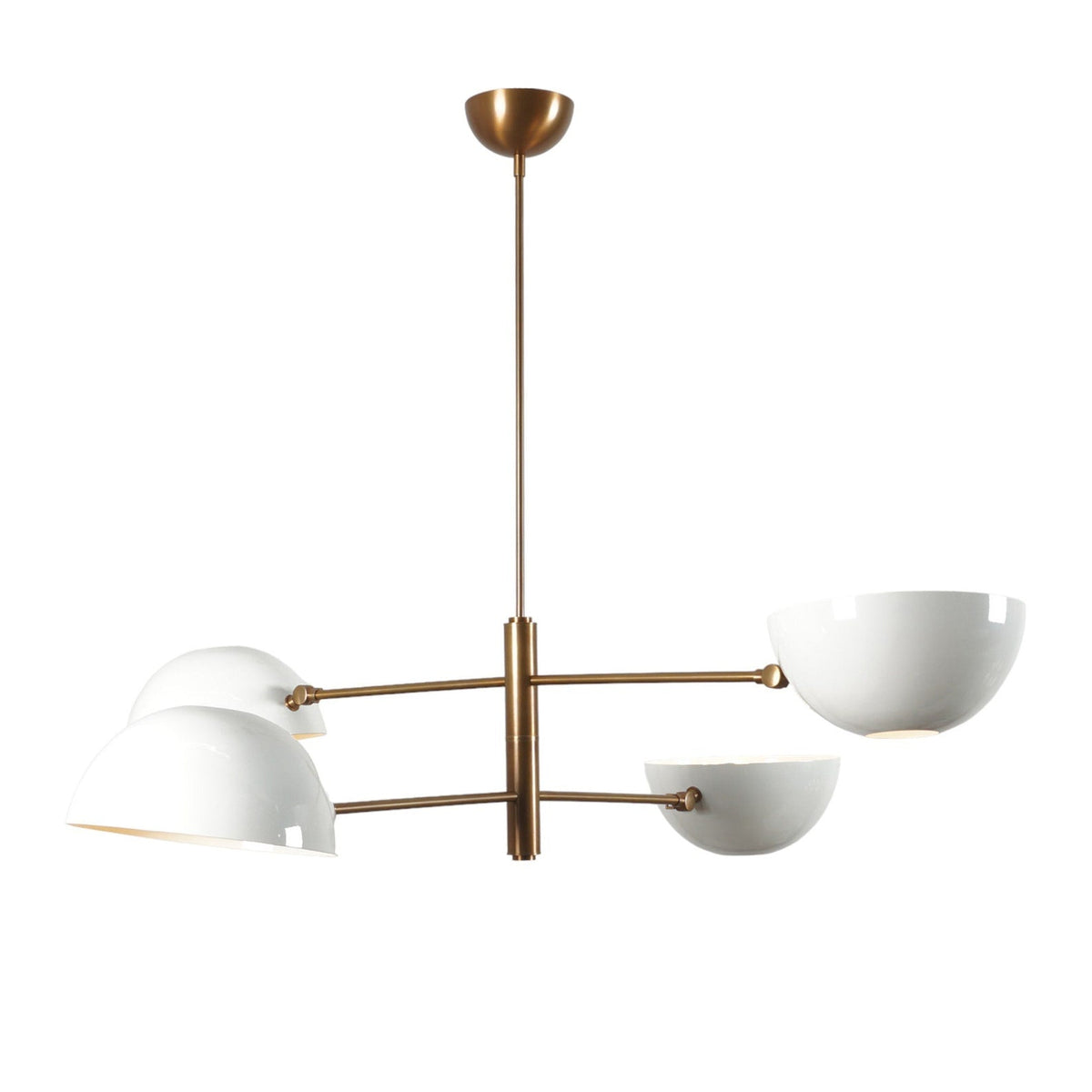 Contemporary 4-arm brass chandelier with white enamel bowl shades in modern design