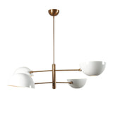 Contemporary 4-arm brass chandelier with white enamel bowl shades in modern design