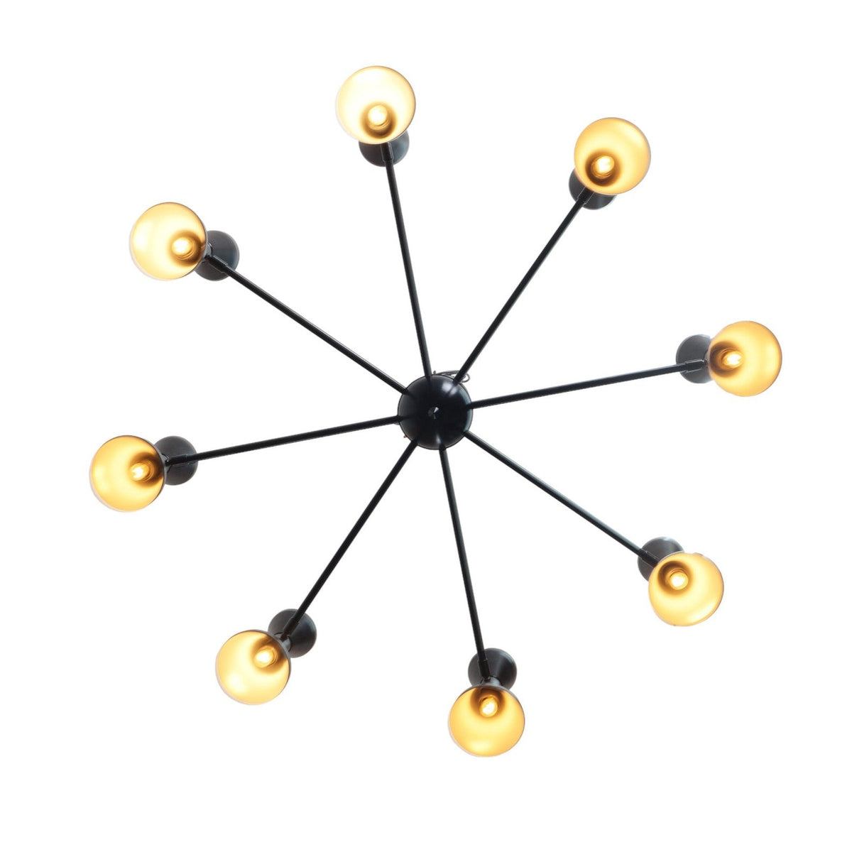 Top view of 8-arm brass chandelier showing circular light arrangement and geometric black double cone shades