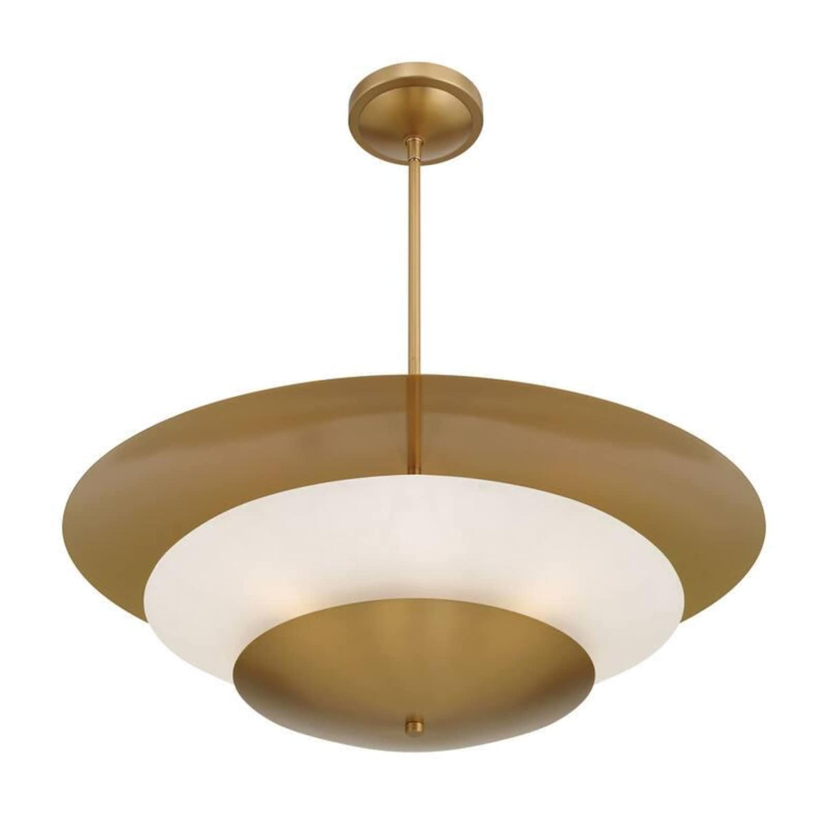 Mid-century modern layered brass ceiling chandelier with white inner diffuser and solid brass construction