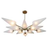 Mid-century cone glass brass chandelier featuring multiple frosted shades and modern brass arms, handcrafted by Brass Leaf Studio.