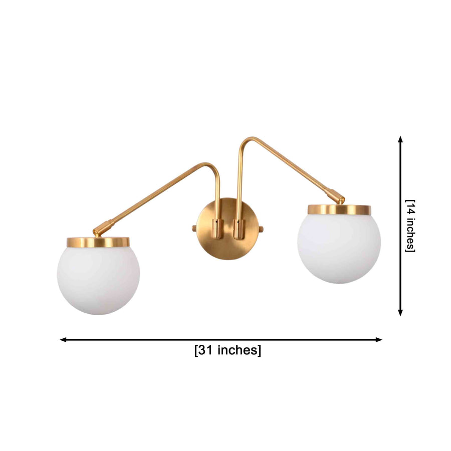Customizable double globe wall sconce with two glowing opal shades for bedroom, hallway, and vanity lighting