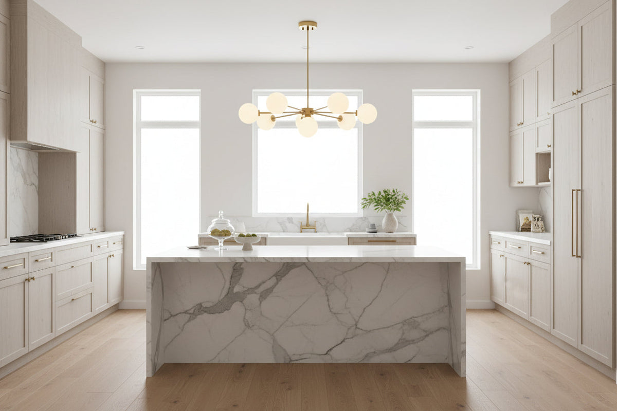 Mid-century style globe Sputnik chandelier with full brass structure and elegant frosted glass shades