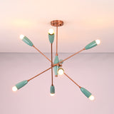 Symmetrical view of mid century mint green brass chandelier with sculptural arms and balanced lighting.