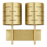 Mid-century modern brass wall light with dual cylindrical shades and rectangular brass backplate, premium designer lighting
