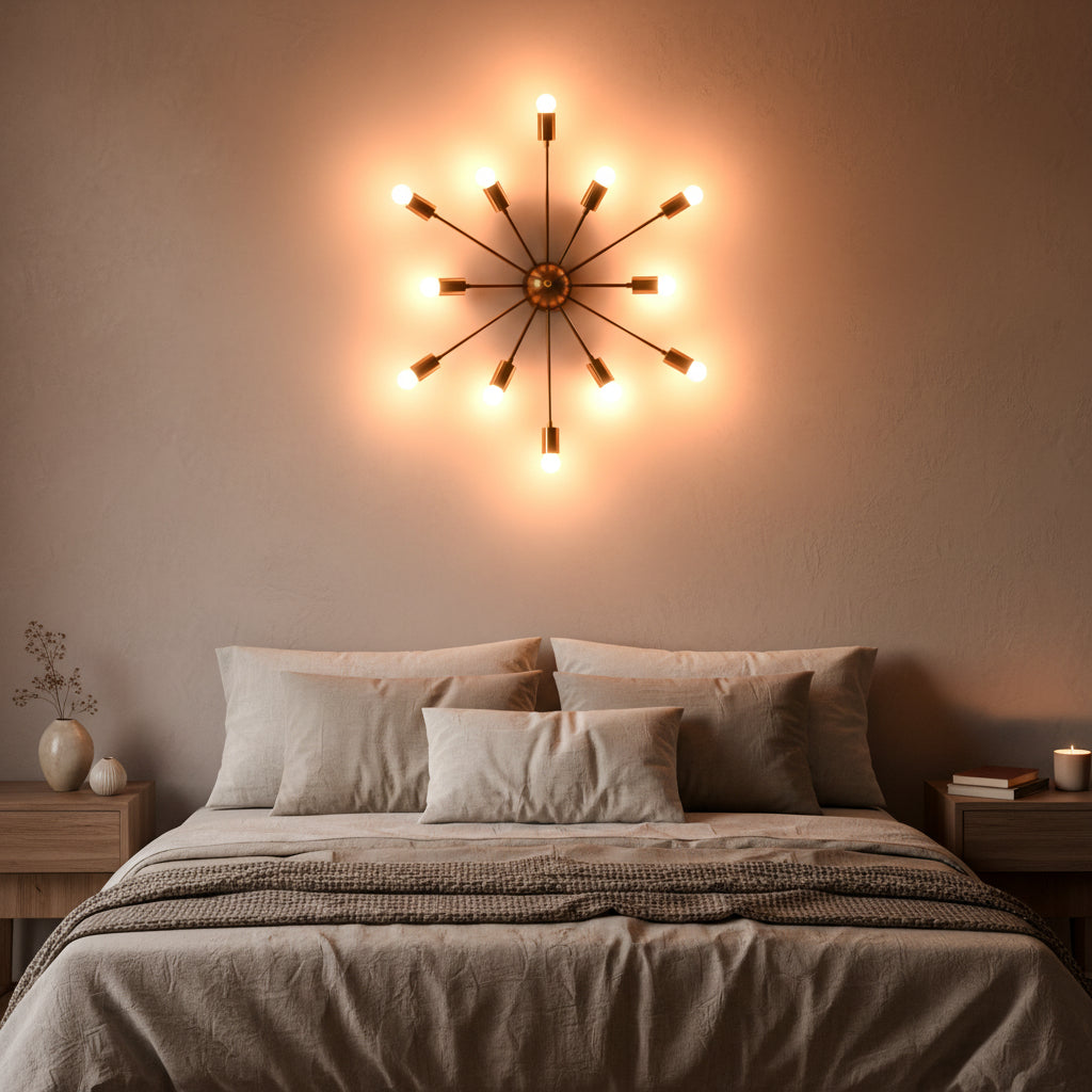 Mid century Sputnik brass wall light with exposed bulbs and sculptural radial arms for modern interior accent lighting