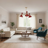 Milan Crimson Cone 3-light chandelier with wide crimson shades and exposed bulbs – close-up view