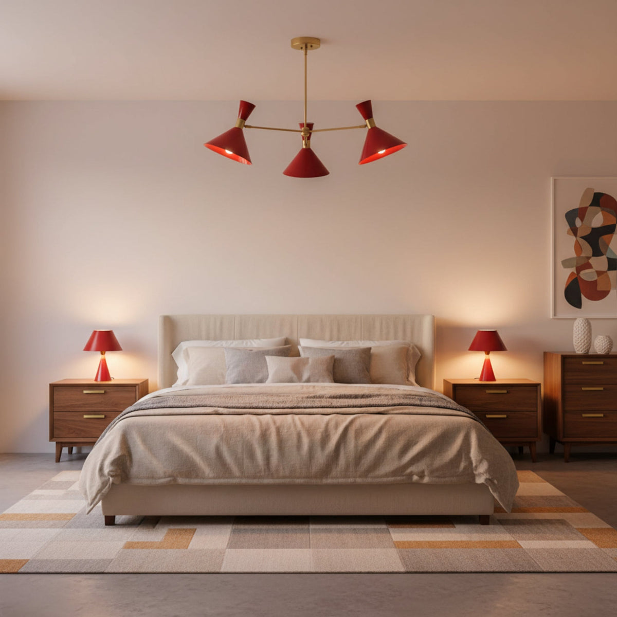 Milan Crimson Cone 3-light chandelier with crimson red shades and brass ceiling stem – full view