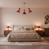 Milan Crimson Cone 3-light chandelier with crimson red shades and brass ceiling stem – full view
