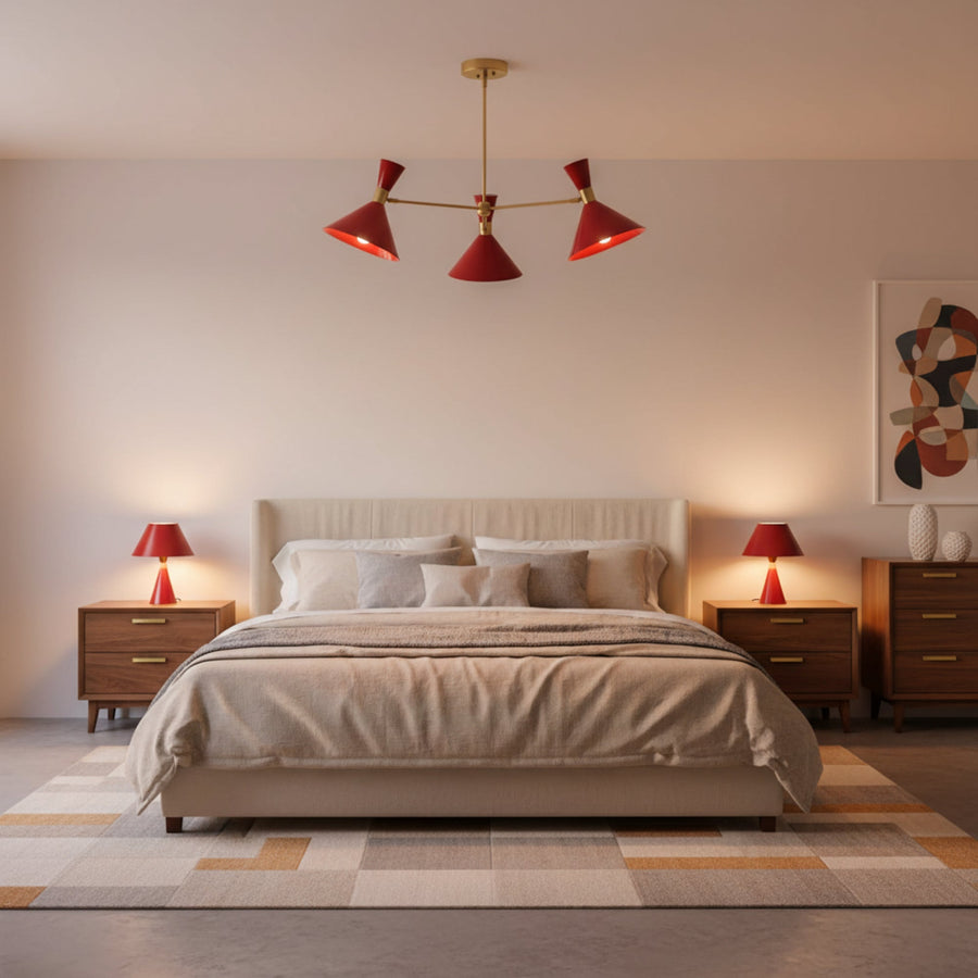 Milan Crimson Cone 3-light chandelier with crimson red shades and brass ceiling stem – full view
