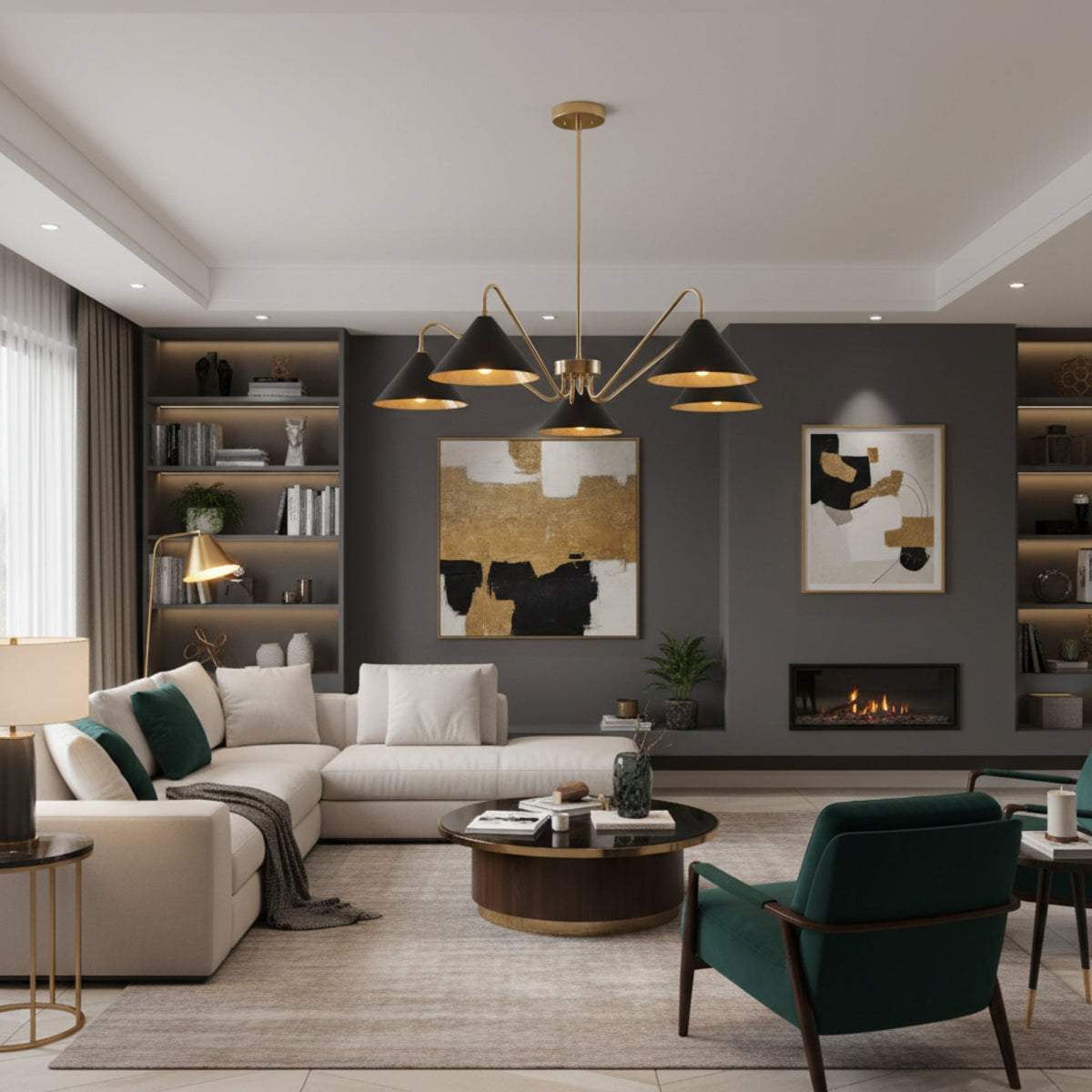 Milan 5-light curved arm chandelier with black cone shades and brass frame, front view