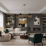 Milan 5-light curved arm chandelier with black cone shades and brass frame, front view