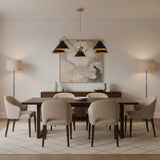 Milan 5-light black cone chandelier with curved brass arms illuminated, front view