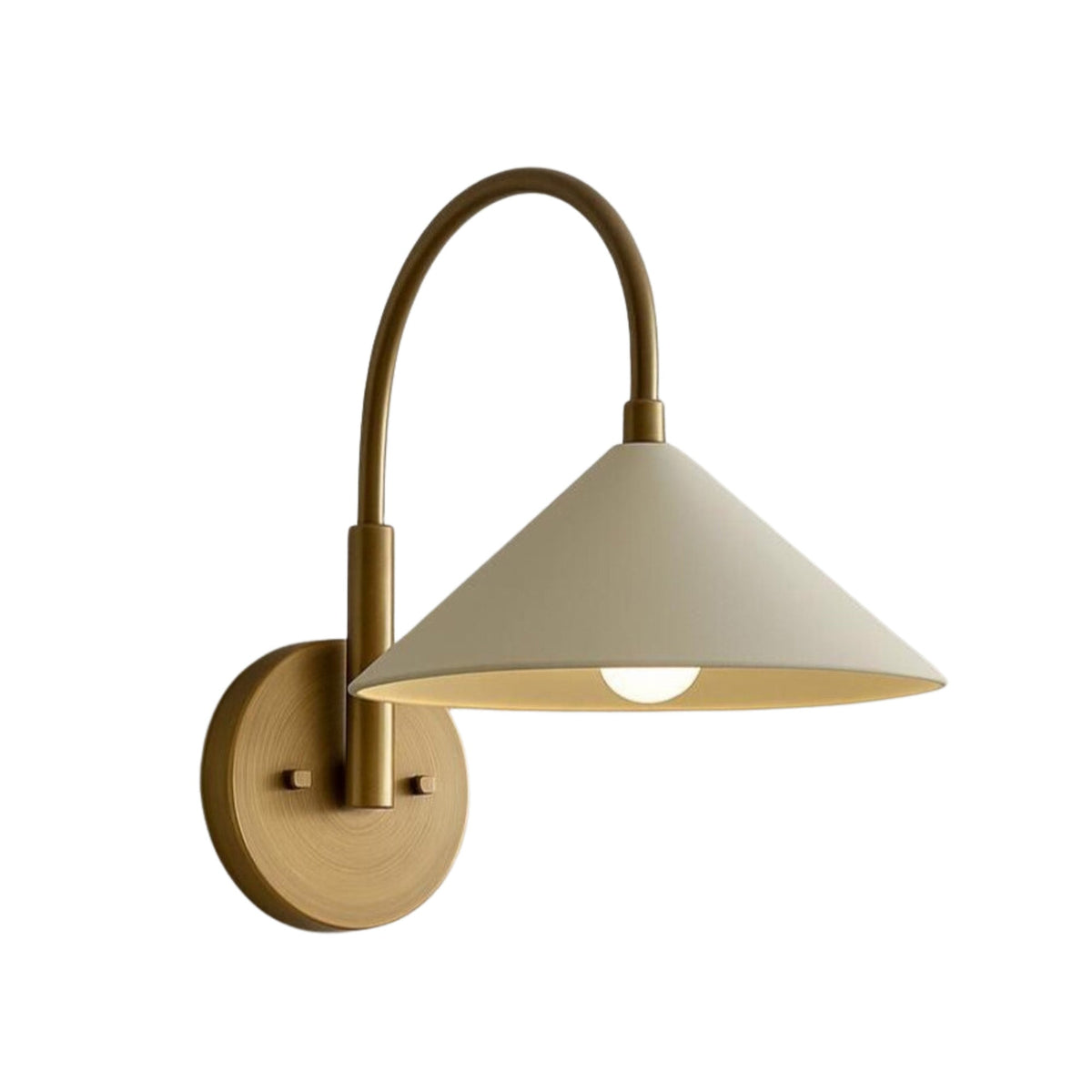 Milan curved arm wall sconce with wide cone shade and brass finish – Model 32773 front view