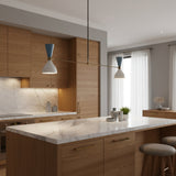 Milan Double Cone 4 Light Linear Chandelier with long horizontal arm and two-tone shades – straight view