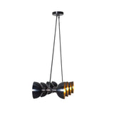 Side view of Milan 8 light linear chandelier showing sculptural black and brass double cone shades