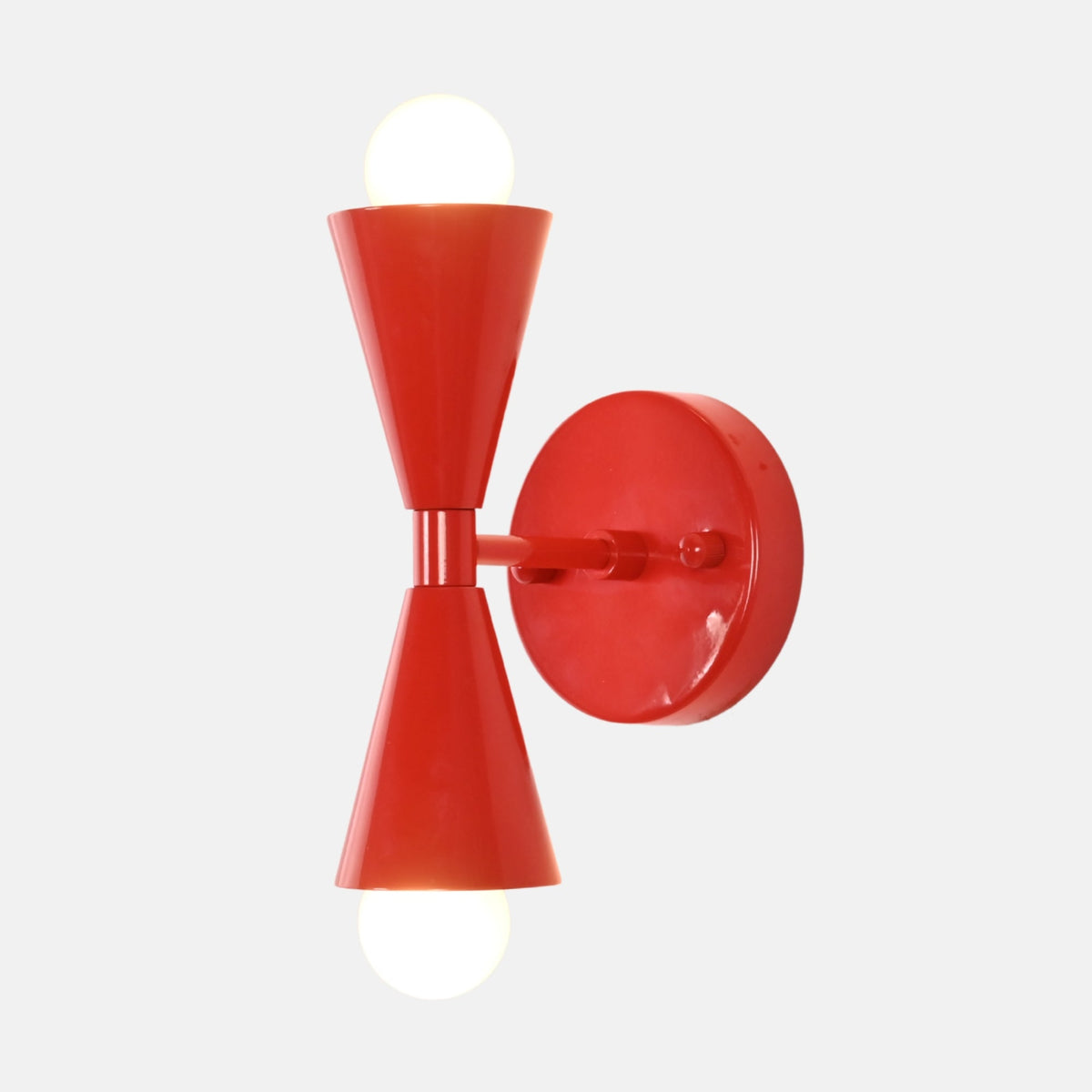 Angled view of Milan Modern Double Cone Wall Sconce in gloss red finish with dual cone design