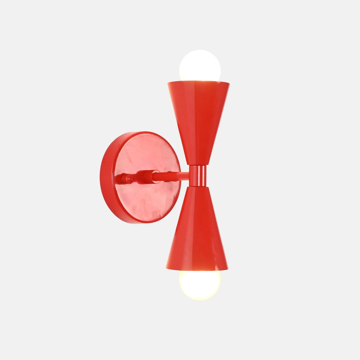 Illuminated Milan Modern Double Cone Wall Sconce with warm up and down lighting in gloss red finish