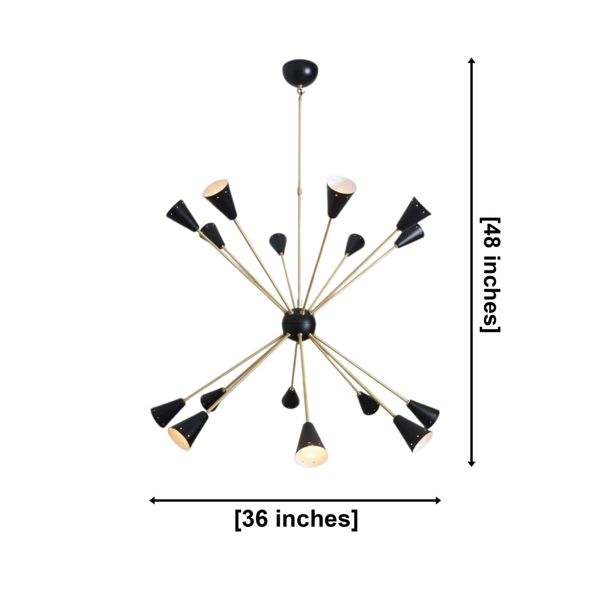 Size guide for Milan Noir Starburst Cone Chandelier – 16 Light – 36 Inch – Model 62051