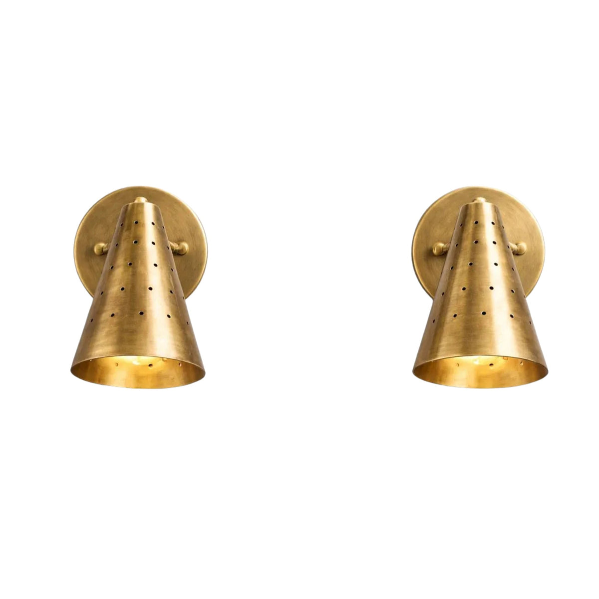 Pair of Milan perforated cone wall sconces in brass finish, front view – Model 32757