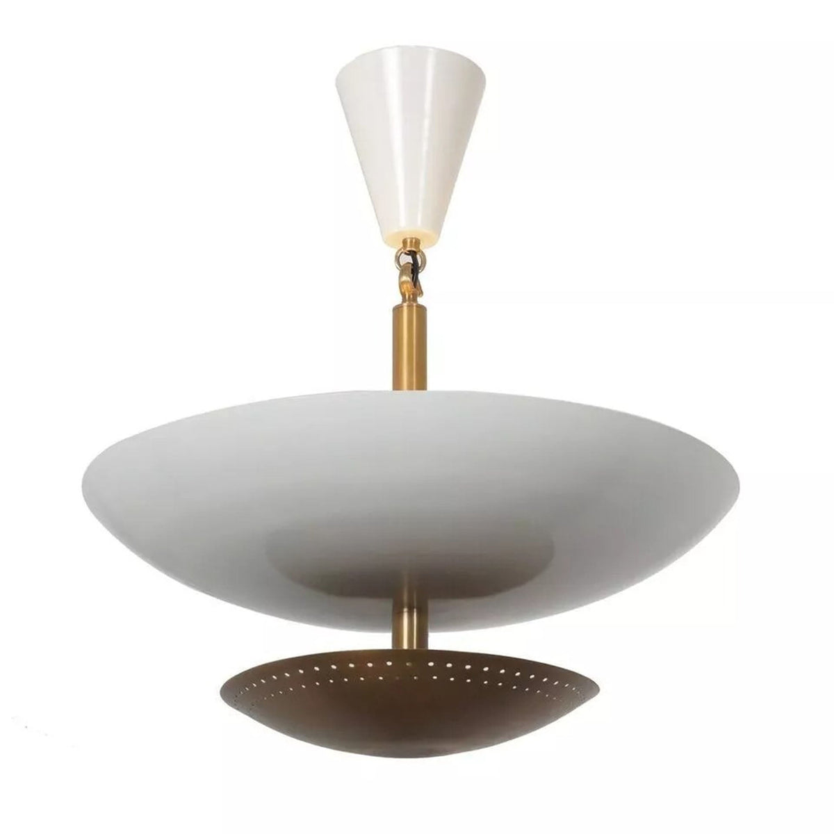 Close-up of Milan chandelier with white bowl shade and perforated warm brass lower disc