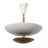 Close-up of Milan chandelier with white bowl shade and perforated warm brass lower disc