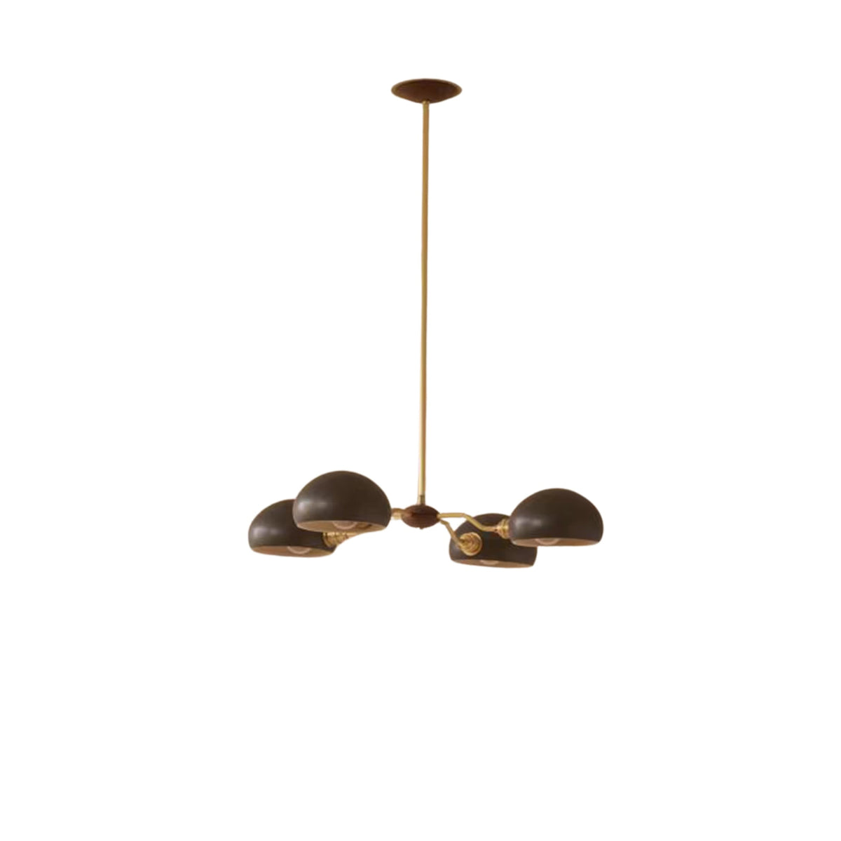 Milan 4-light Mid-Century Modern chandelier with dark dome shades and brass details – alternate finish view.