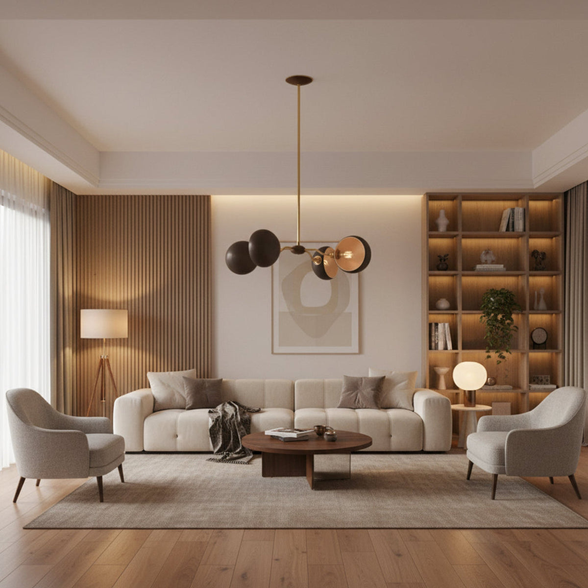 Milan Sculptural Dome Chandelier – 4 Light – Model 33169 with dark dome shades and illuminated bulb.