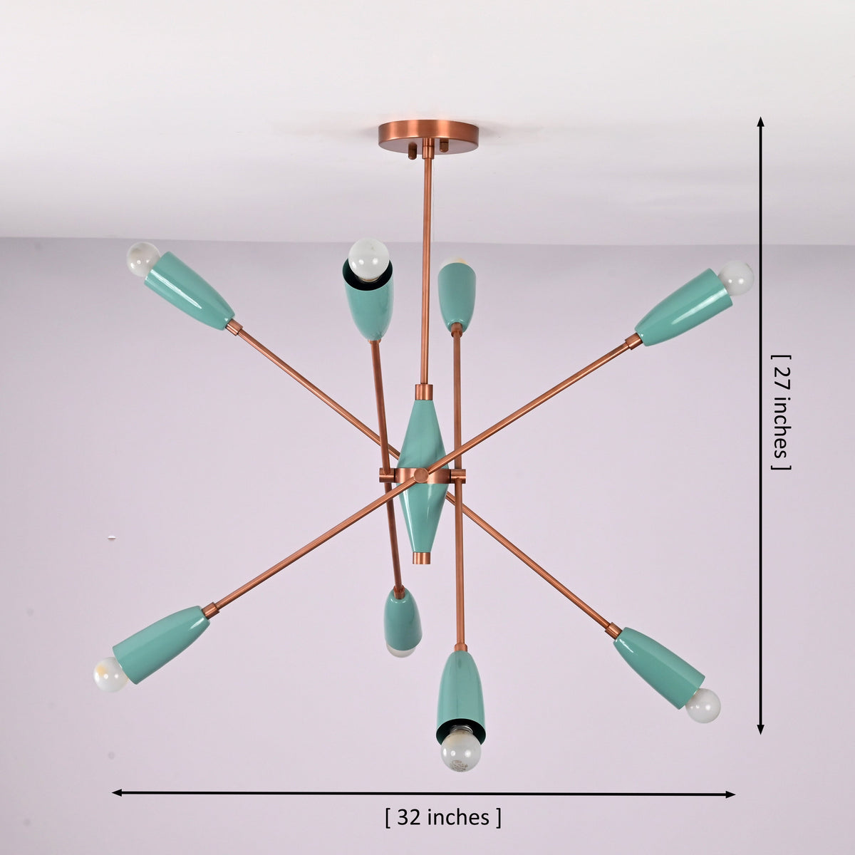 Mint green 8 light brass chandelier showing 32 inch width and 27 inch height with mid century sputnik design.