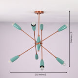 Mint green 8 light brass chandelier showing 32 inch width and 27 inch height with mid century sputnik design.