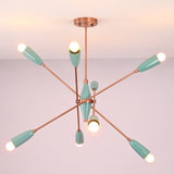 Front view of mint green 8 light sputnik ceiling light with brass arms and glowing bulbs.