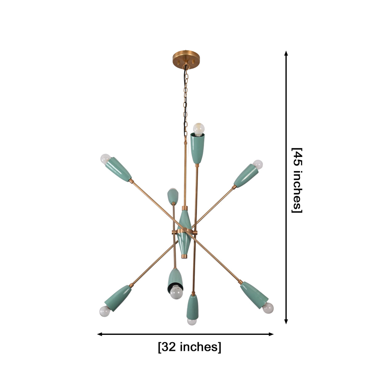 Mint green starburst chandelier with eight exposed bulbs creating warm ambient light for living room décor