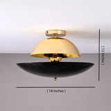 18-inch mixed-finish brass flushmount light shown with 12-inch height measurement, featuring polished brass top shade and blackened lower bowl.