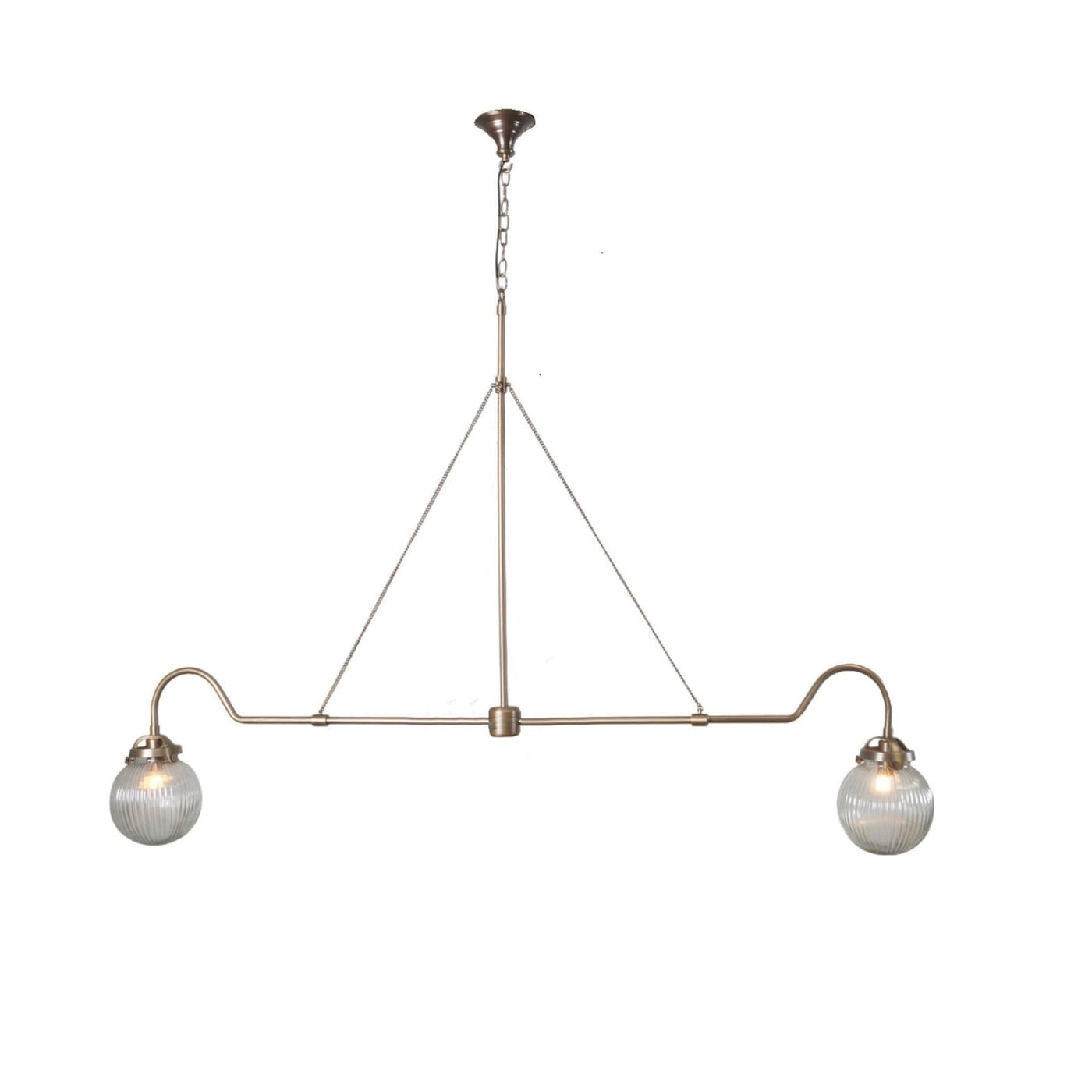 Modern 2-light brass linear chandelier with ribbed glass globes – handmade minimalist pendant by Brass Leaf Studio