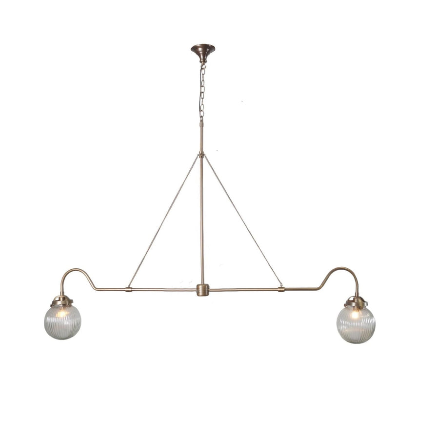 Modern 2-light brass linear chandelier with ribbed glass globes – handmade minimalist pendant by Brass Leaf Studio