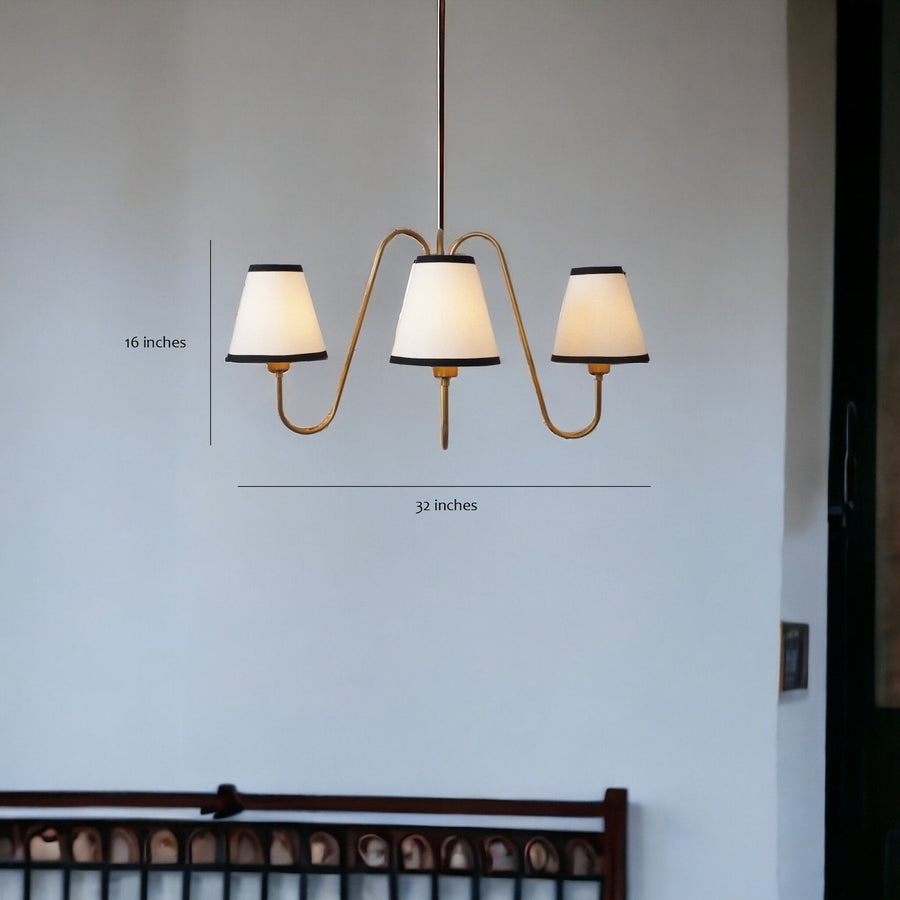 Modern 3-light brass chandelier with white fabric shades – handmade ceiling light by Brass Leaf Studio