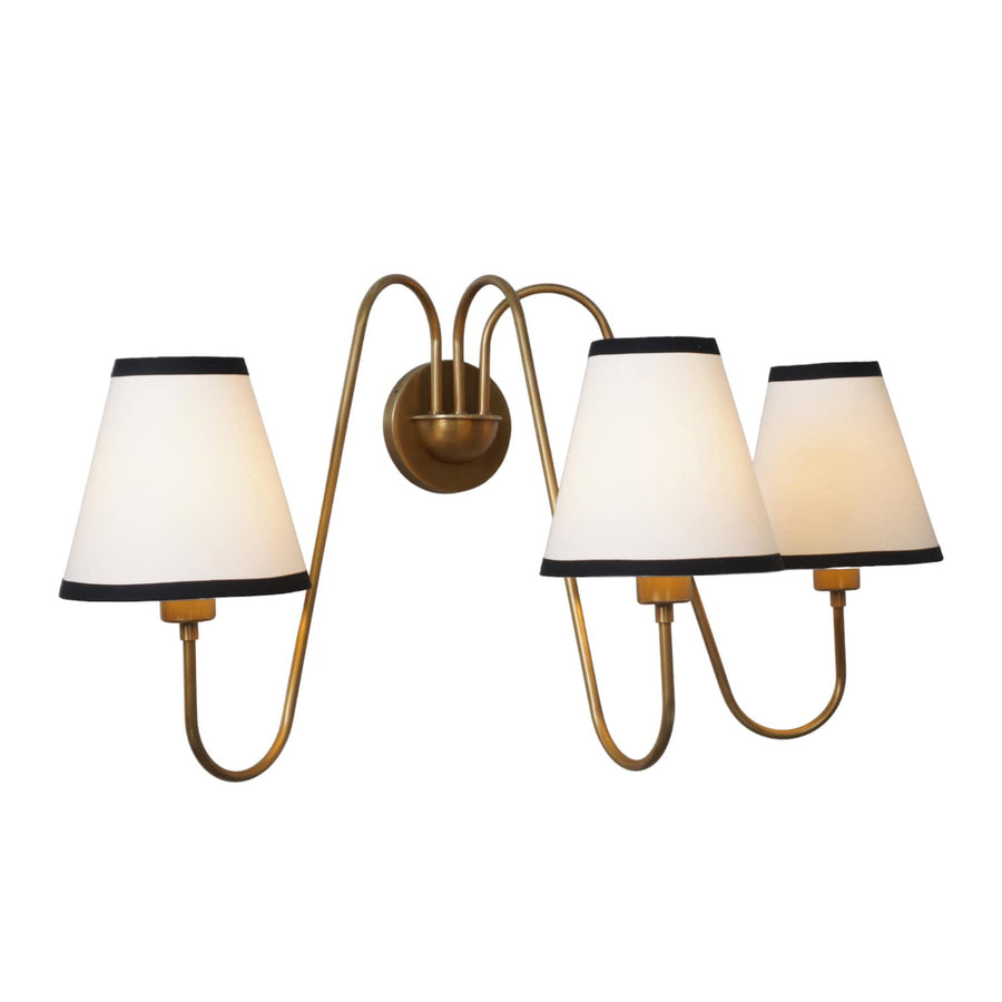 Modern 3-light brass wall lamp with white fabric shades – handmade solid brass sconce by Brass Leaf Studio