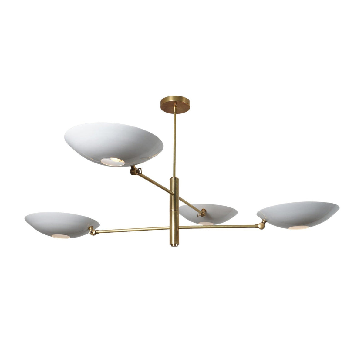 Contemporary brass chandelier featuring four elegant white bowl-shaped shades and minimalist linear design
