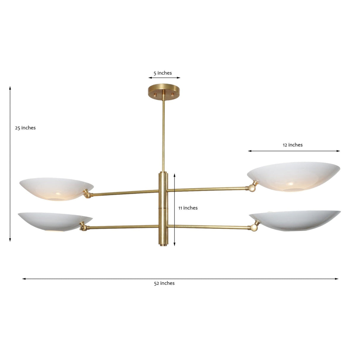 Detailed dimension view of 4-light brass chandelier showing 52-inch width and 25-inch height with bowl shades