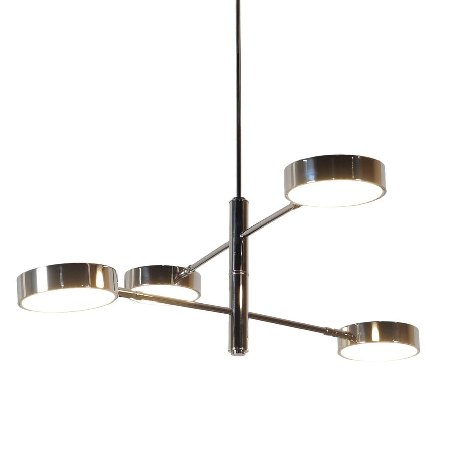 Modern 4-light chrome disc chandelier with sleek brass structure and circular shades by Brass Leaf Studio