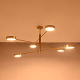 Modern 6-light disc ceiling fixture with slim brass rods and round illuminated heads for contemporary interiors
