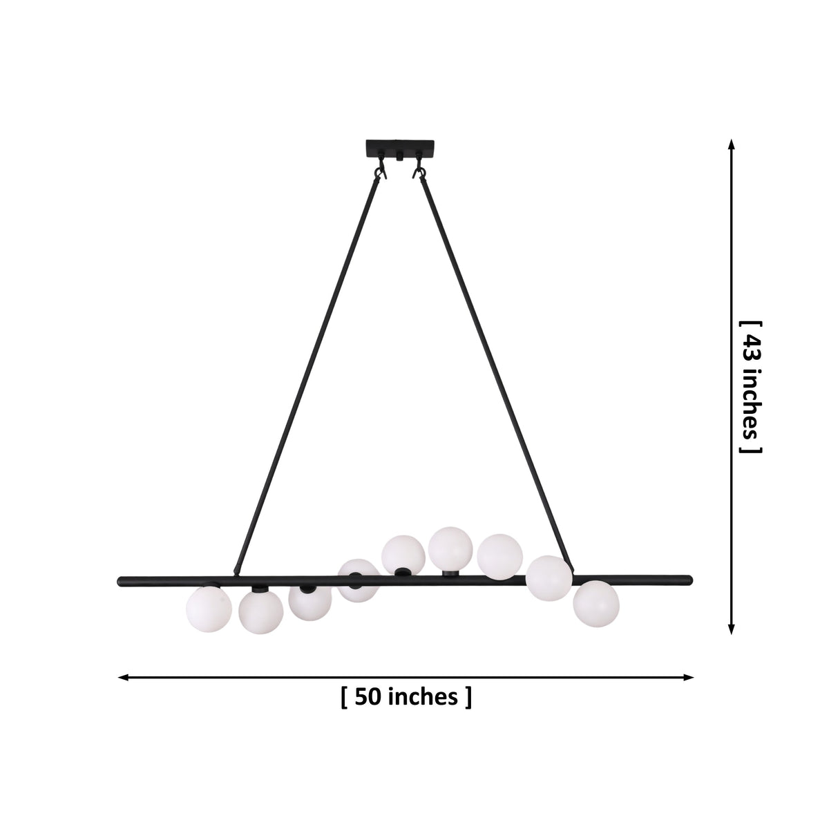 Modern black globe chandelier dimension image showing 50 inch width and 43 inch overall height for size reference