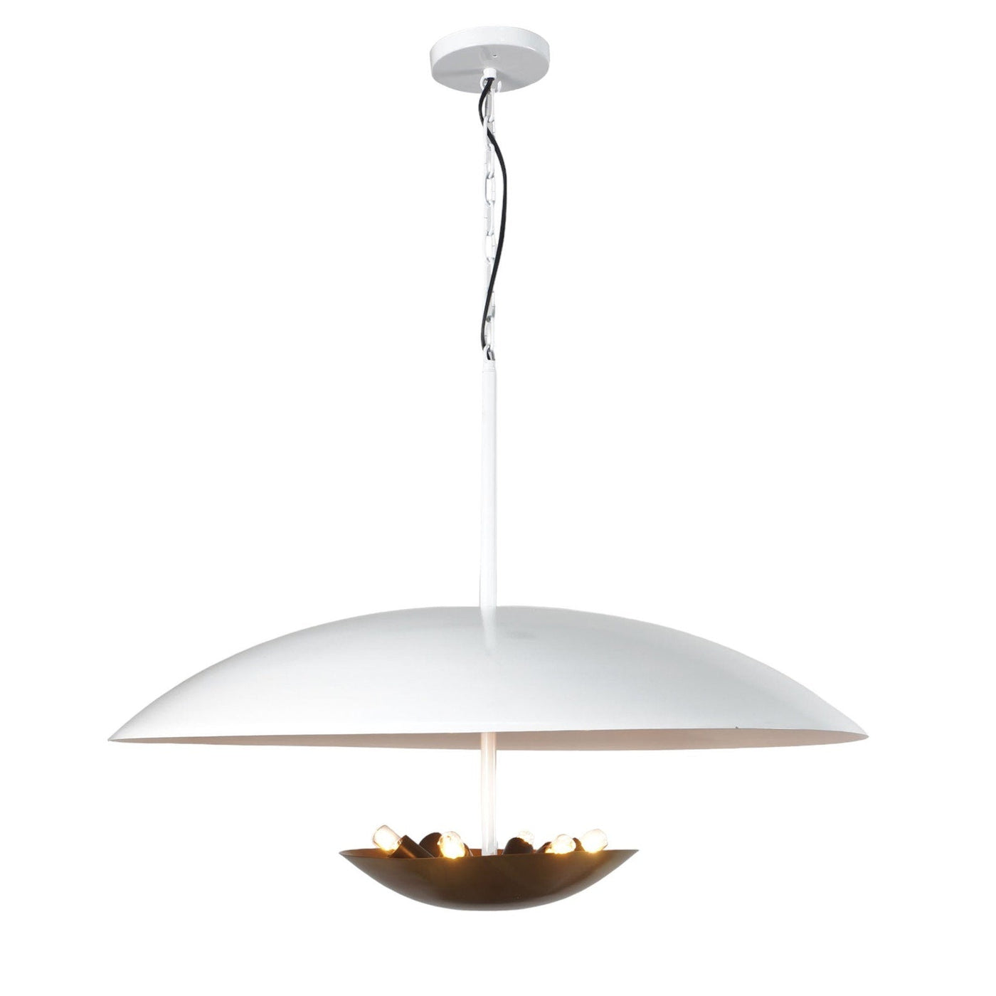 Modern brass and white bowl pendant chandelier with indirect uplight design, handmade by Brass Leaf Studio for dining or living room interiors.
