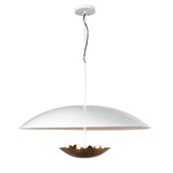 Modern brass and white bowl pendant chandelier with indirect uplight design, handmade by Brass Leaf Studio for dining or living room interiors.
