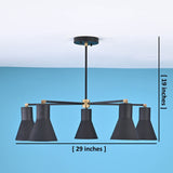 Modern brass 5 cone chandelier showing 29 inch width and 19 inch height with minimalist industrial design