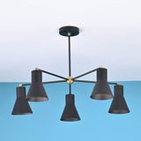 Modern 5 cone brass chandelier with black metal arms and minimalist industrial ceiling design