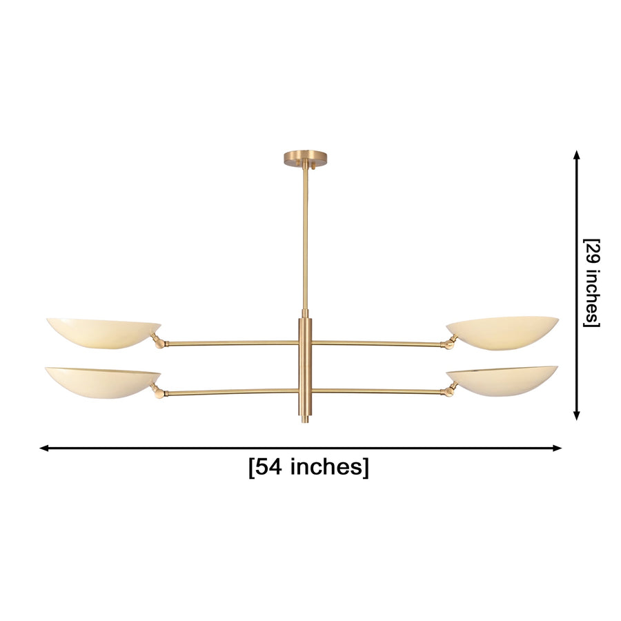 Brass Leaf Studio 4-light chandelier with balanced horizontal arms and shallow bowl-style shades