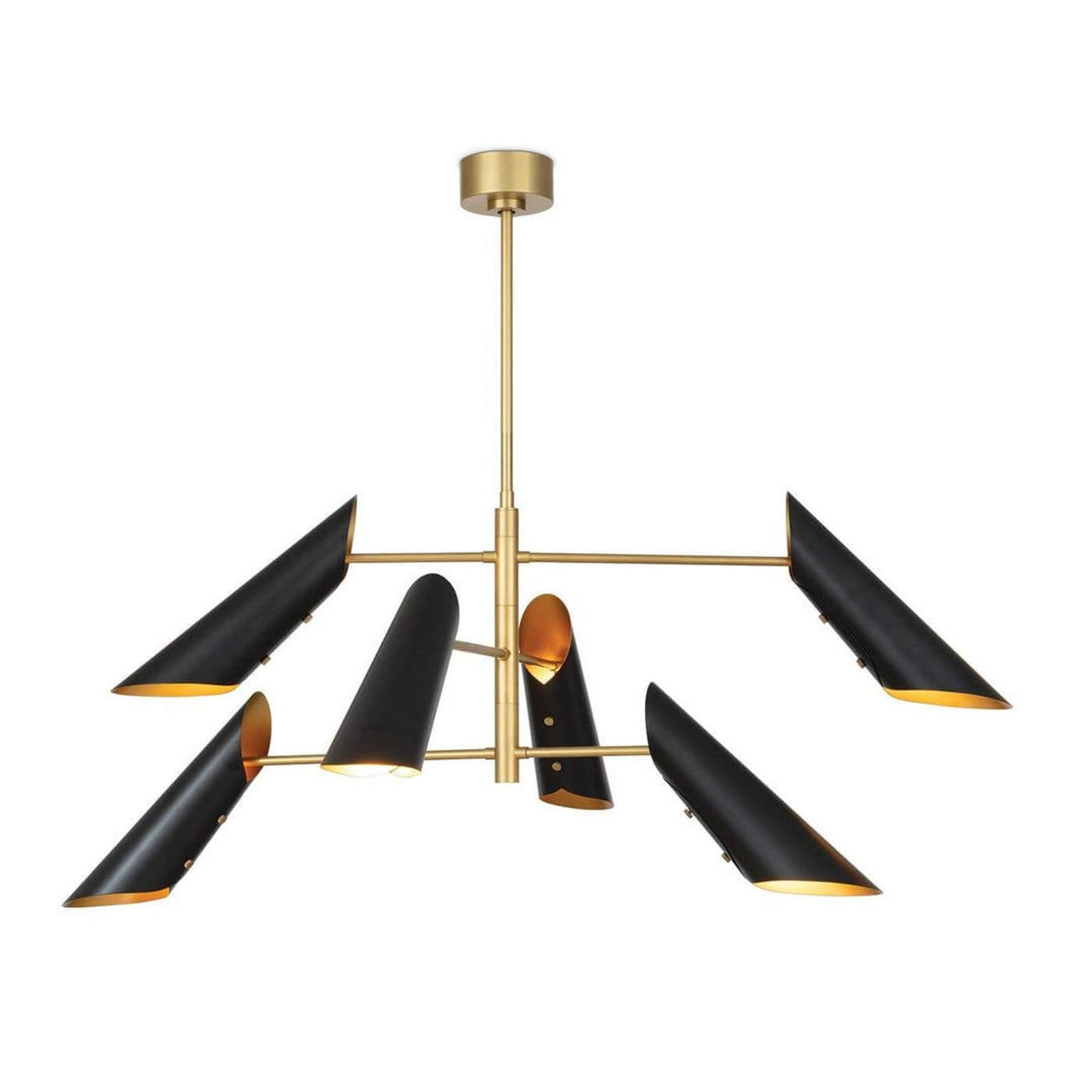 Modern 6 light brass cone chandelier with matte black shades and brushed brass arms by Brass Leaf Studio