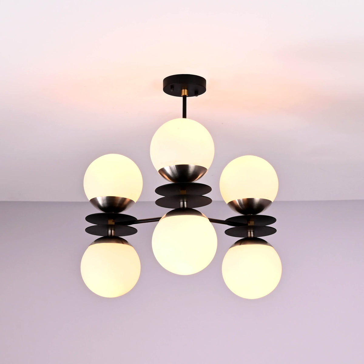 Modern brass disc chandelier with six opal glass globes, sculptural ceiling light by Brass Leaf Studio