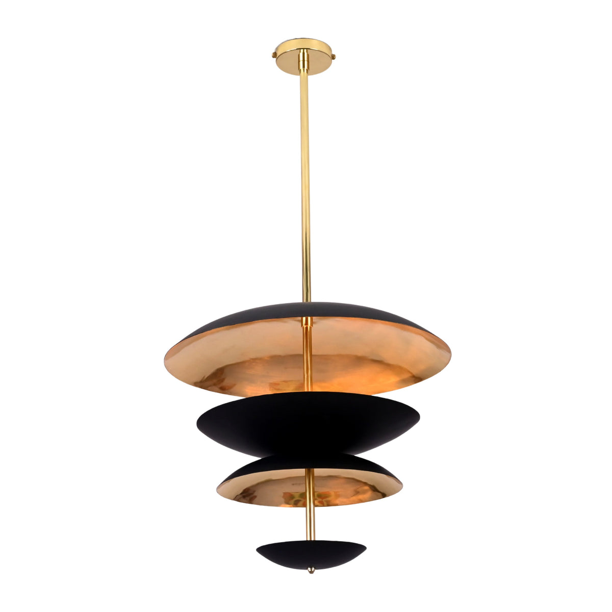 Bottom view of modern black and brass disc chandelier highlighting layered bowl shades and indirect lighting design